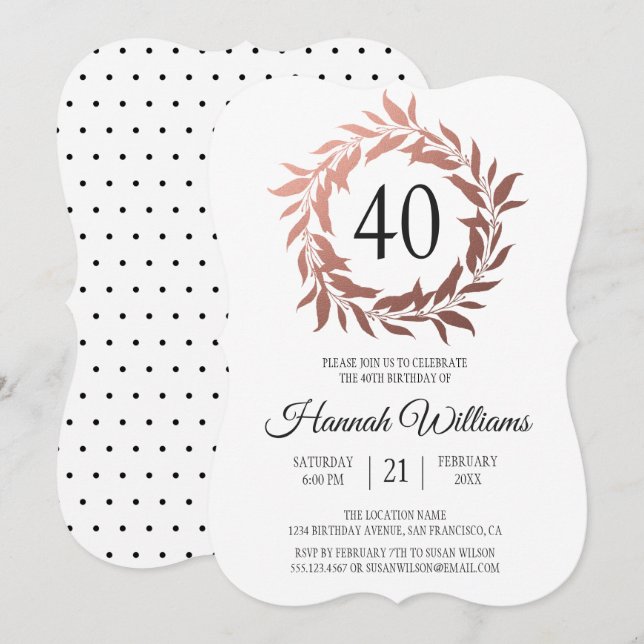 Rose Gold Wreath 40th Birthday Party Invitation (Front/Back)