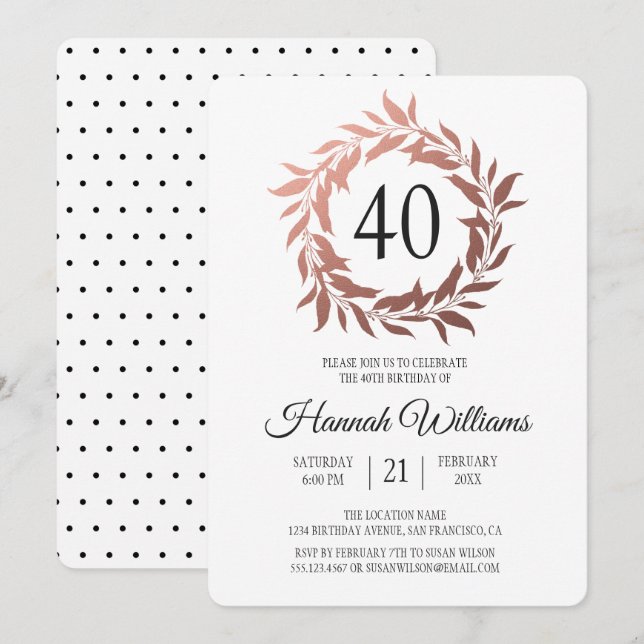 Rose Gold Wreath 40th Birthday Party Invitation (Front/Back)