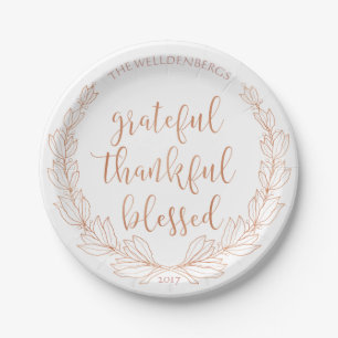 Rose Gold Wreath Grateful Thankful Blessed Paper Plate