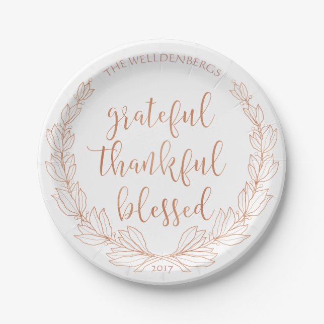 Rose Gold Wreath Grateful Thankful Blessed Paper Plate (Front)