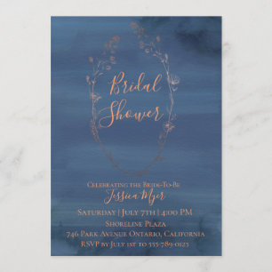 Rose Gold Wreath Navy Watercolor Bridal Shower Invitation