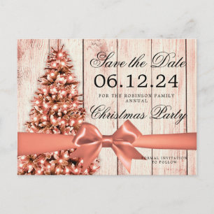 Rose Gold Xmas Holiday Save Date Tree & Ribbon Announcement Postcard