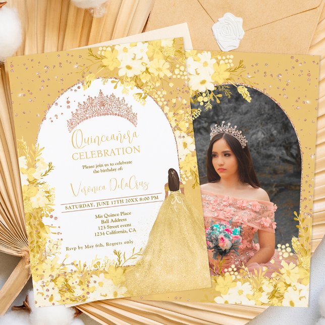 Rose gold yellow floral tiara princess Quinceanera Invitation (Creator Uploaded)