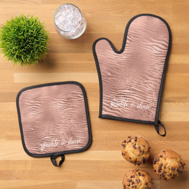 Rose Gold Zebra Animal Print Oven Mitt & Pot Holder Set (Top Down)
