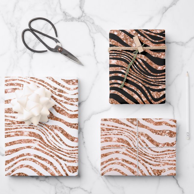 Rose Gold Zebra Glitter Wrapping Paper Sheet (Front)