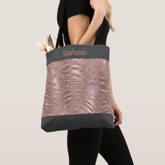 Rose Gold Zebra Print Monogram Grey Bridesmaid Tote Bag (Close Up)