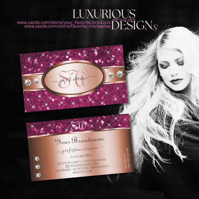 Rose Golden Pink Glitter Sparkle Diamonds Initials Business Card (Creator Uploaded)
