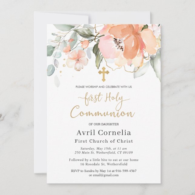 Rose Green Foliage Cross First Communion  Invitation (Front)