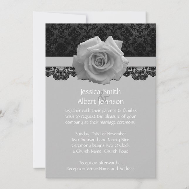 Rose Grey Black Luxury Damask Wedding Invite (Front)