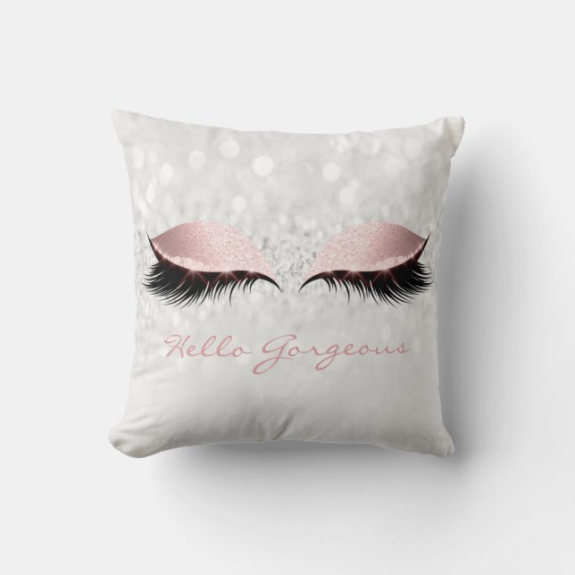 Rose Grey Girly Makeup Lashes Hello Gorgeous Cushion (Front)