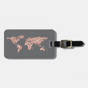 Rose Grey Globe World Map Earth Address Name Luggage Tag