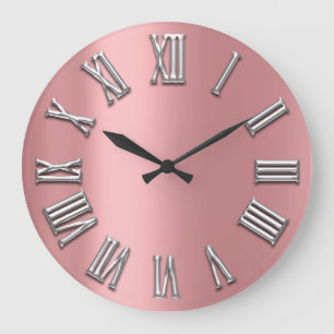 Rose Grey Gray Metal Grey Silver Roman Number Large Clock