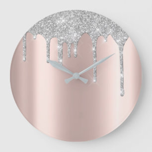 Rose Grey Metal Spark Glitter Drip Blush Glitter Large Clock
