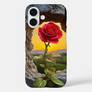 Rose growing out of a hole in a stone wall iPhone 16 case