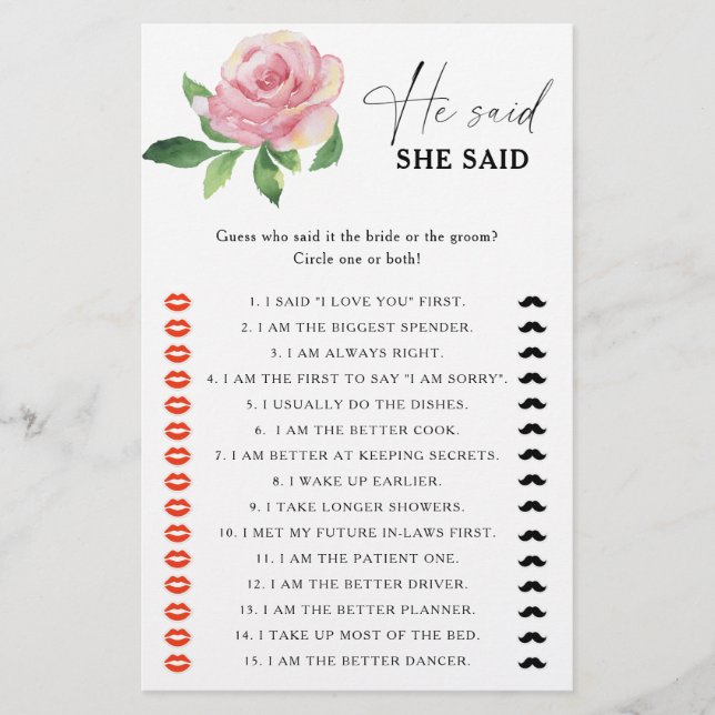 Rose - He said she said bridal shower game (Front)