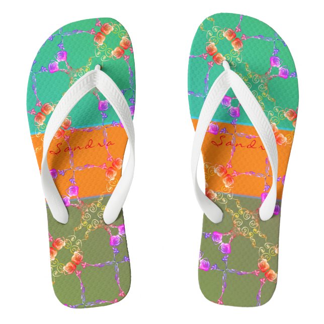 Rose Heart Teal, Apricot, and Moss Flip Flops (Footbed)