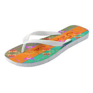 Rose Heart Teal, Apricot, and Moss Flip Flops