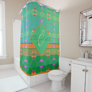 Rose Hearts on Teal and Apricot    Shower Curtain