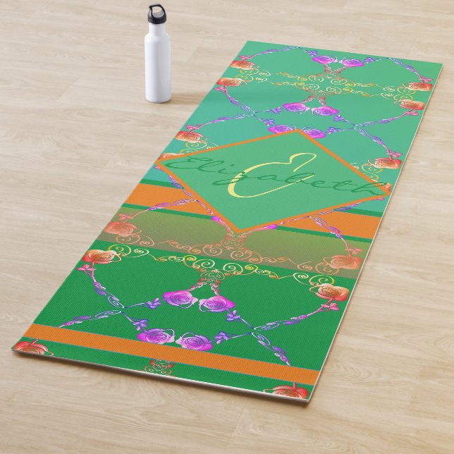 Rose Hearts on Teal and Apricot   Yoga Mat (In Situ)