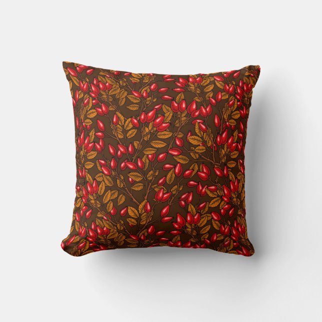 Rose hips, brown and red cushion (Front)
