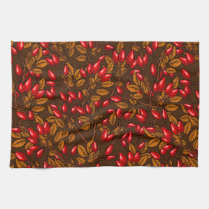 Rose hips, brown and red tea towel