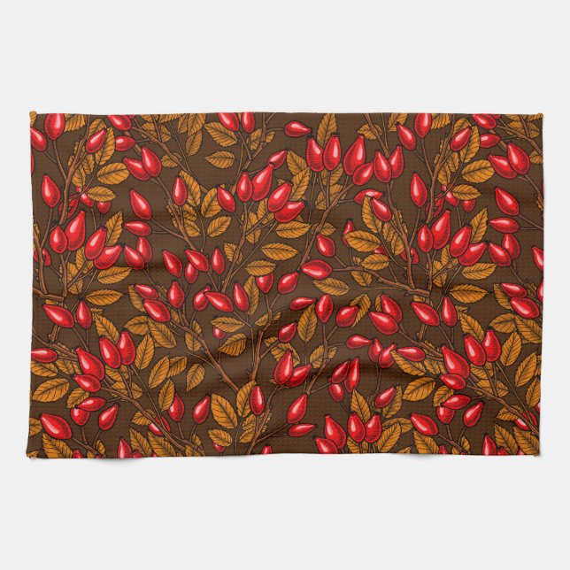 Rose hips, brown and red tea towel (Horizontal)