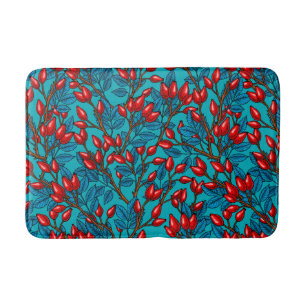 Rose hips, red and blue bath mat