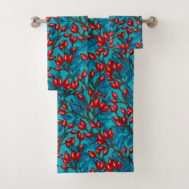 Rose hips, red and blue bath towel set (Insitu)