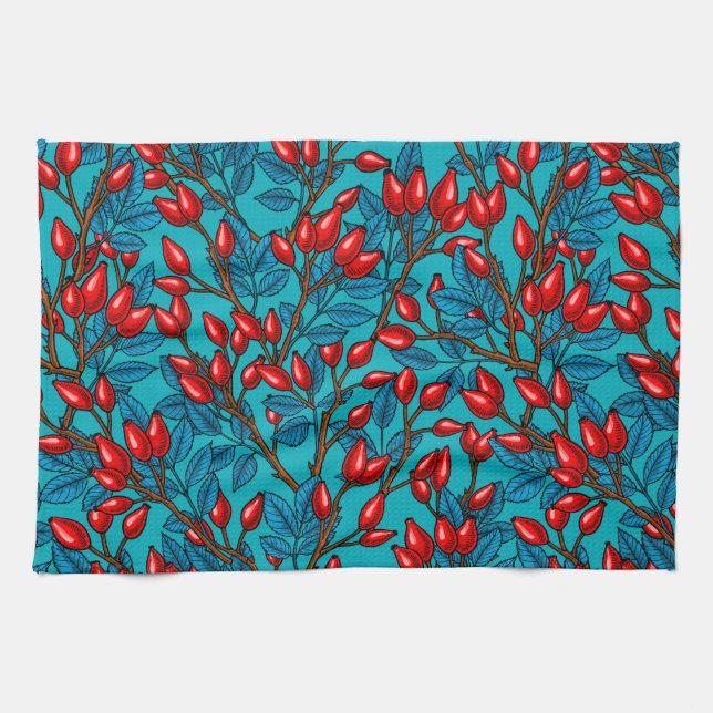 Rose hips, red and blue tea towel (Horizontal)