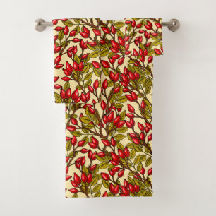 Rose hips, red, green, yellow bath towel set