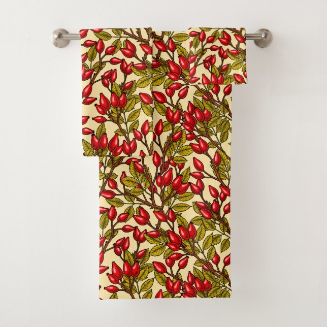 Rose hips, red, green, yellow bath towel set (Insitu)