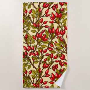 Rose hips, red, green, yellow beach towel