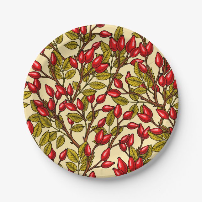 Rose hips, red, green, yellow paper plate (Front)