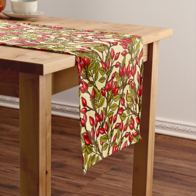 Rose hips, red, green, yellow short table runner (In Situ)
