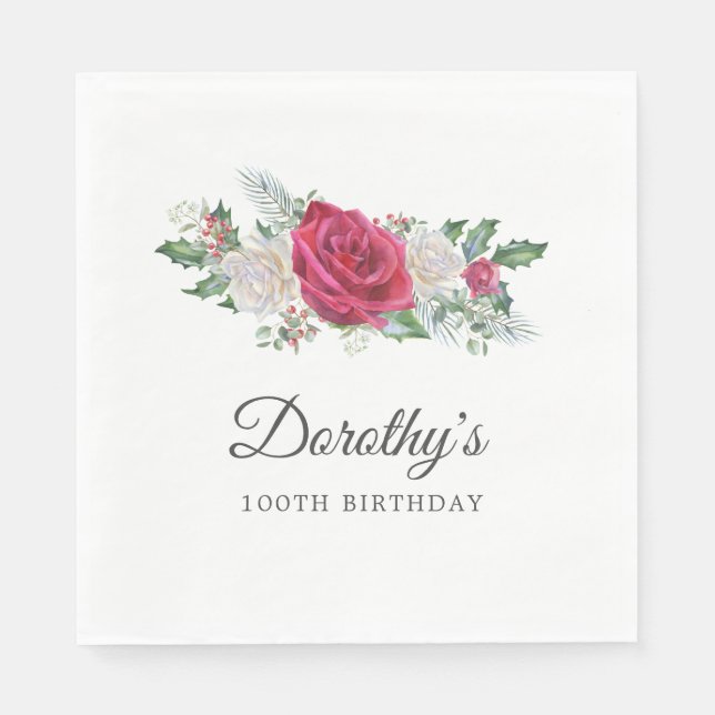 Rose Holly Winter Botanical 100th Birthday Napkin (Front)
