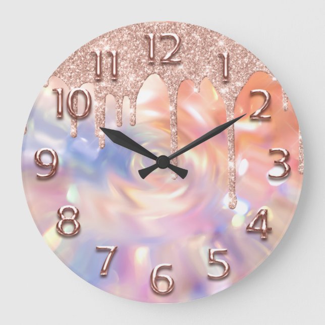 Rose Holograph  Number Glitter Drips Pink Glitter Large Clock (Front)