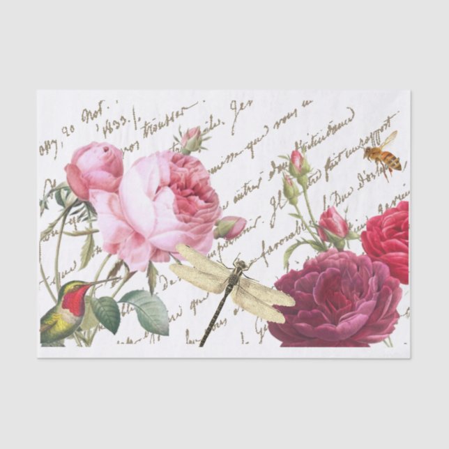 Rose Hummingbird Dragonfly French Script Honeybee  Tissue Paper (Front)