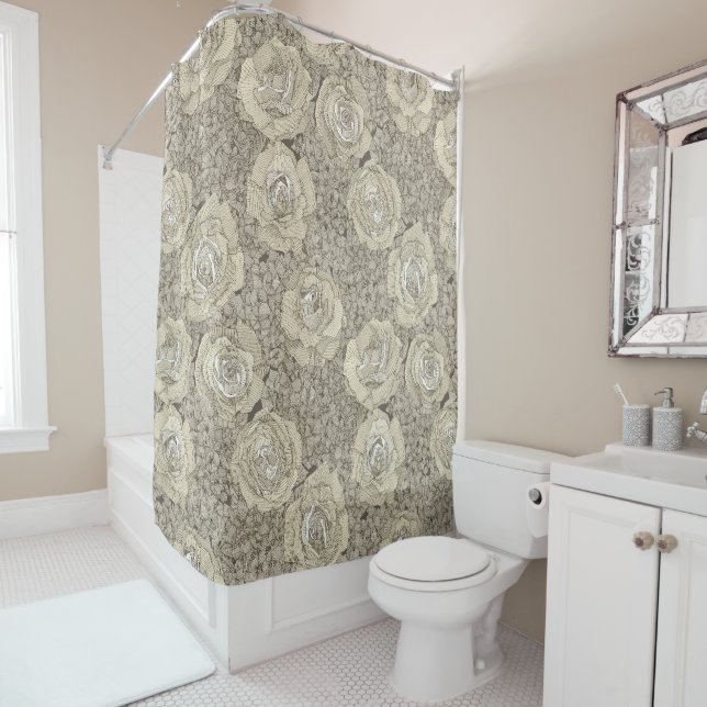 rose hydrangea floral cream tea leather shower curtain (In Situ)