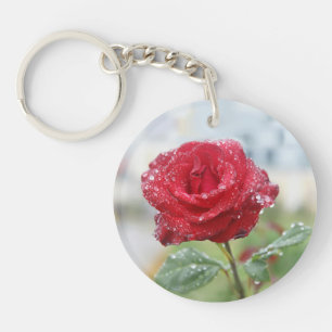 Rose in raindrops key ring