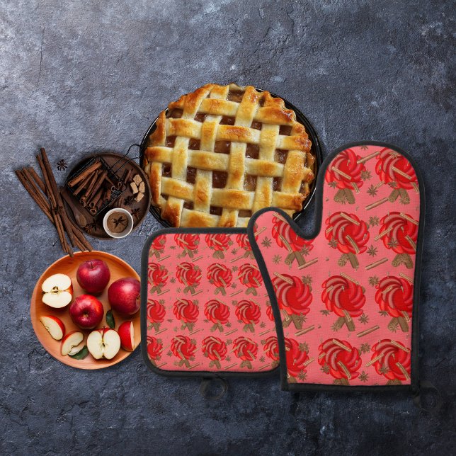 Rose-inspired apples and spices pink oven mitt & pot holder set (Creator Uploaded)