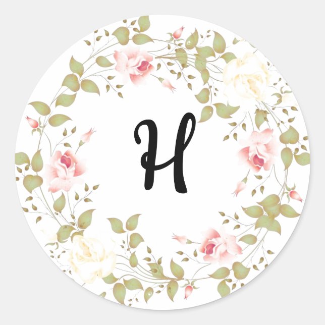 Rose Ivy Monogram Pattern Classic Round Sticker (Front)