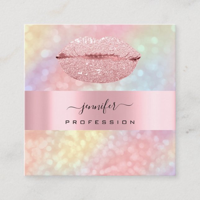 Rose KISS LIPS Makeup Artist Unicorn Holograph Square Business Card (Front)