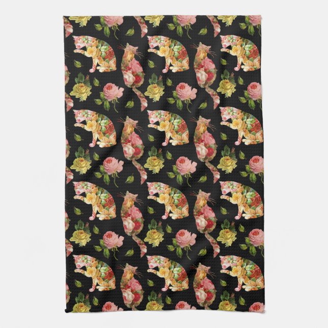 Rose Kitties Vintage Floral Kitchen Towel (Vertical)