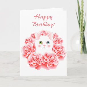 Rose Kitty Cat Cute Birthday Card