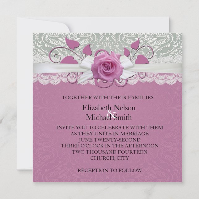 Rose Lace Silver/Pink Damask  Wedding Invite (Front)