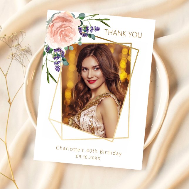 Rose lavender floral photo birthday thank you card (Creator Uploaded)