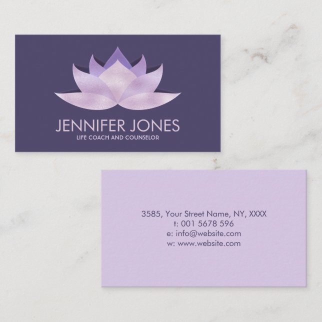 Rose Lavender Lotus Flower on purple navy Business Card (Front/Back)
