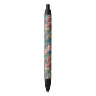 Rose, Lilac, Large Leaves Pattern Vintage Garden Black Ink Pen