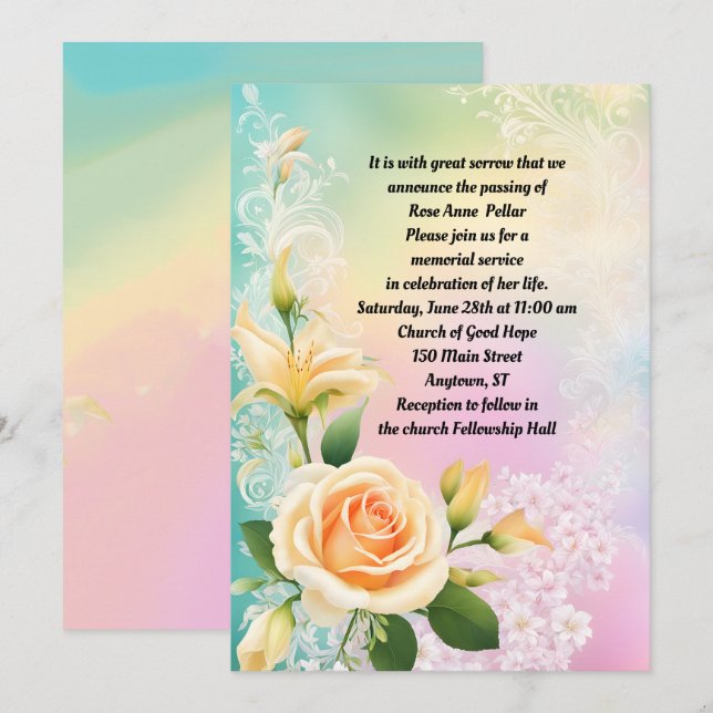 Rose Lily and White Lilac Memorial Invitation (Front/Back)