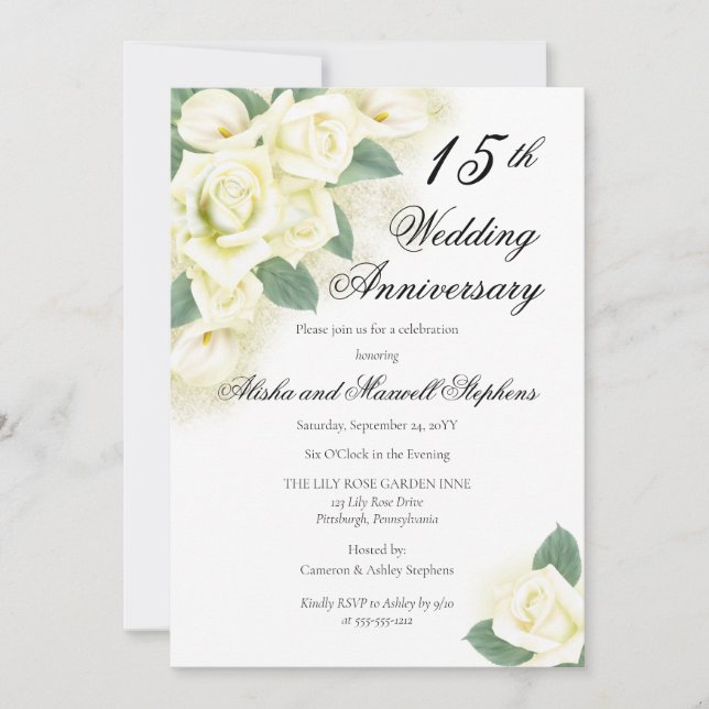 Rose | Lily  Floral 15th Wedding Anniversary Party Invitation (Front)